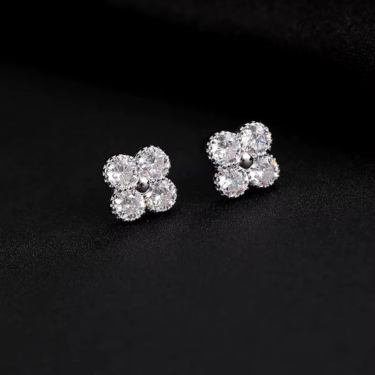 Real 925 Sterling Silver Zircon Clover Stud Earrings for Women Cute Fine Jewelry Minimalist Accessories
