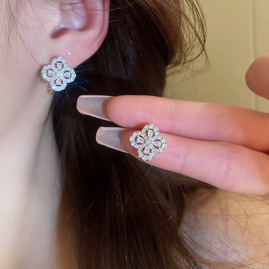 Korean Fashion Geometric Square Stud Earrings for Women Classic Shiny Zircon Four Clover Plant Earrings Lady Party Jewelry Gifts